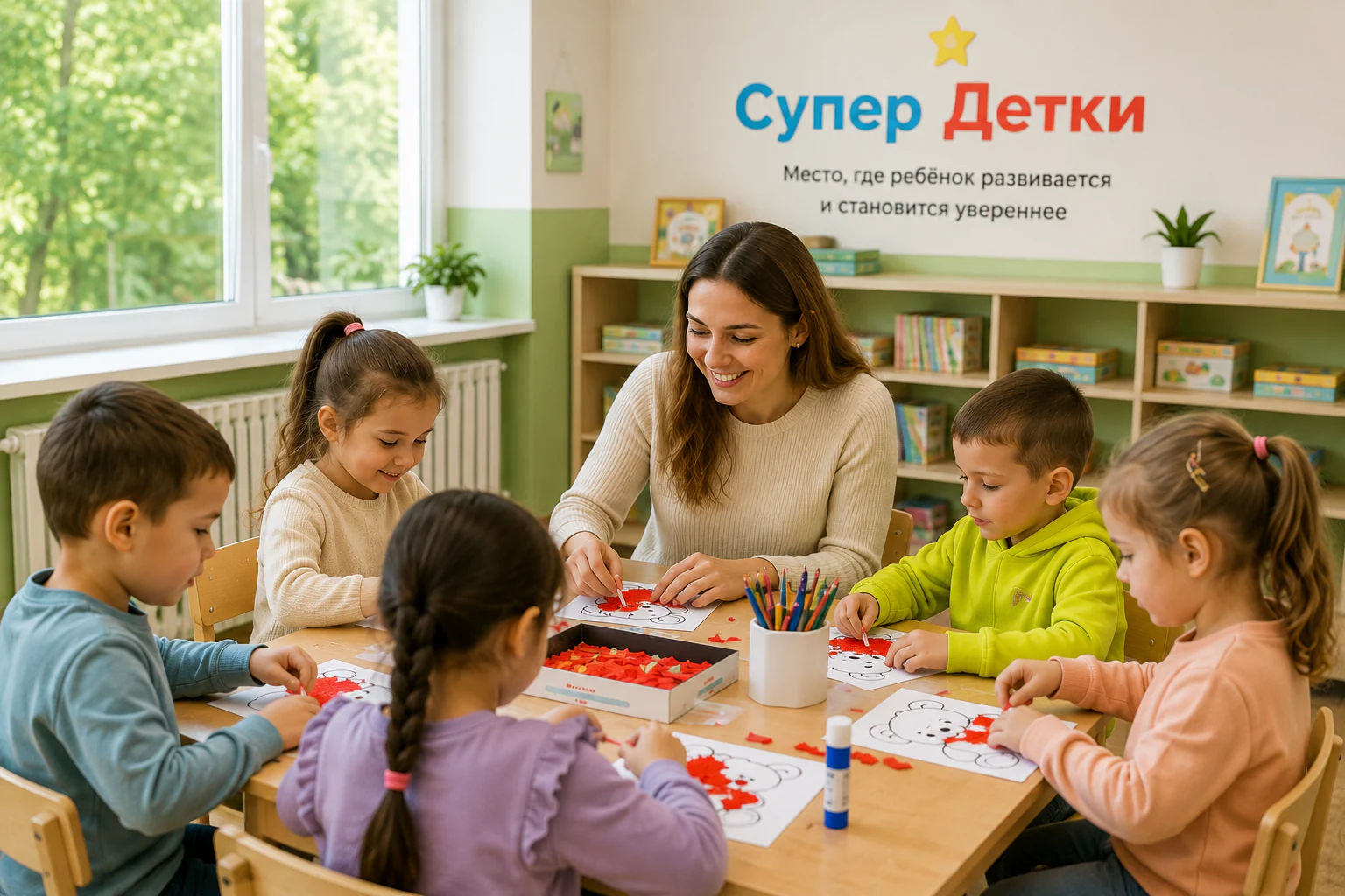 Педагог проводит занятие с детьми в светлом классе